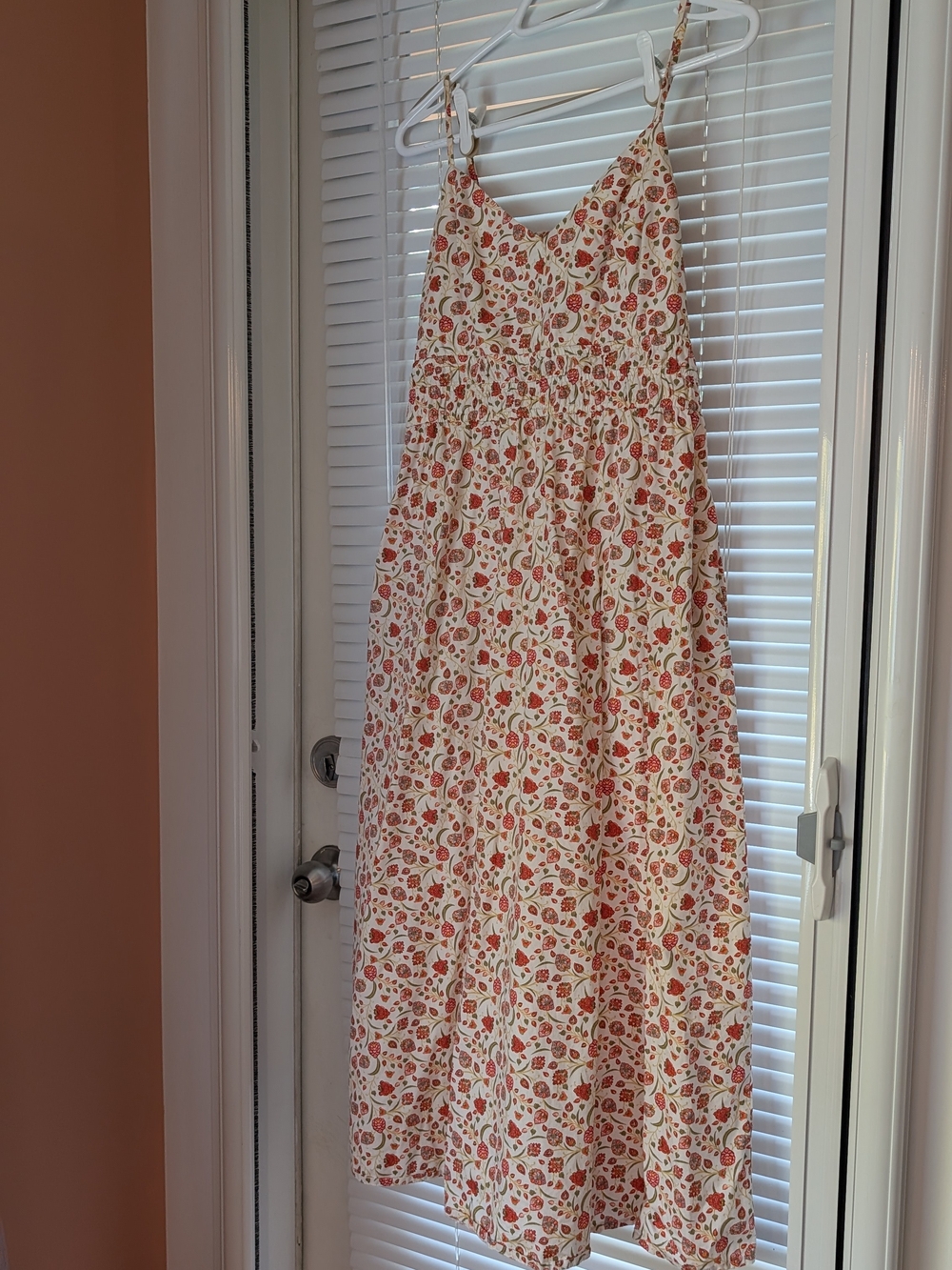 Cream Floral Sundress with Red and Green Print